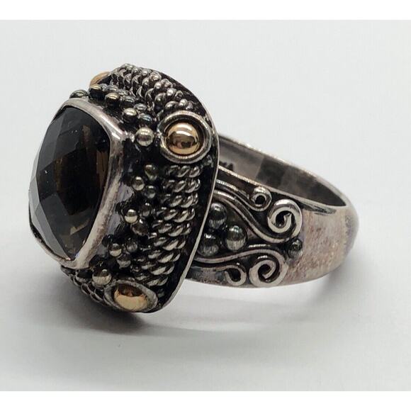 Vintage 18k Yellow Gold Sterling Silver Ring 925 Size 9 Smokey Quartz Bali BA - Picture 5 of 12